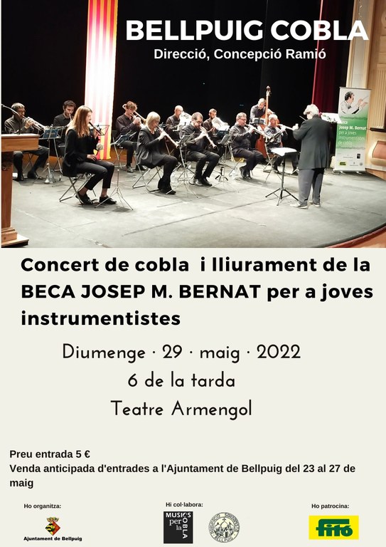 👉El Teatre Armengol de Bellpuig acollirà el pròxim diumenge 29 de maig el Concert de Cobla i lliurament de la Beca Josep M. Bernat per a joves instrumentistes de cobla. 

<a href="/BellpuigCobla/">Bellpuig Cobla</a> <a href="/Musicsxlacobla/">Músics per la cobla</a> <a href="/Ajbellpuig/">Ajuntament Bellpuig</a>