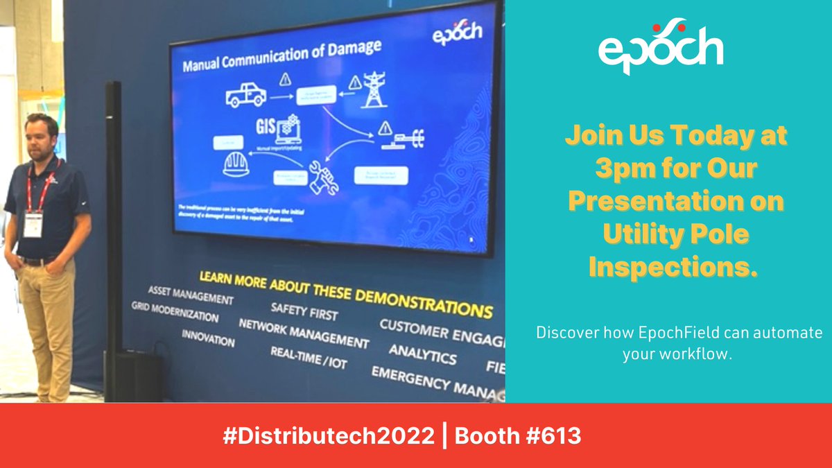 epochsg's tweet photo. Today at 3pm we will be presenting our solution for utility pole inspection. #EpochField offers automatic, metered licensing and scaling so you only pay for what you need.
#poleinspection #Distributech2022 #epochfield #utilities https://t.co/Z8ZdDXeoob