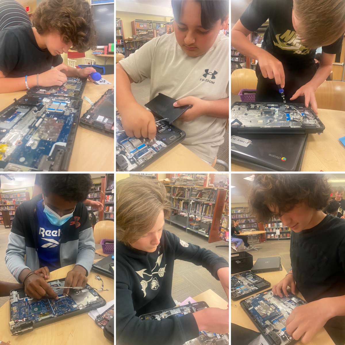 The #AMDLibraryGeniusBar is learning how to harvest parts to repair Chromebooks! Talk about focus! They didn’t want to leave! Thank you #TechTeam for the coolest #ITbootcamp ever!!! <a href="/TeachBacon/">Allison Bacon</a> <a href="/OssDOT/">Mike Hanna</a> @AMD_ROCKS