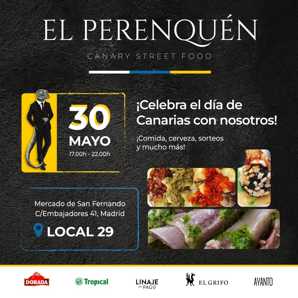 Mojoayanto's tweet photo. Los amigos de #ElPerenquendeLavapies celebran el #DíadeCanarias el 30 de Mayo con costillas con piñas, escaldón y nuestro mojo verde 😍😍😍. Canarios de Madrid vayan acabar con ese manjar. 
También les hemos donado una cesta para sortear entre los que estén por allí. https://t.co/02yopj5m8y
