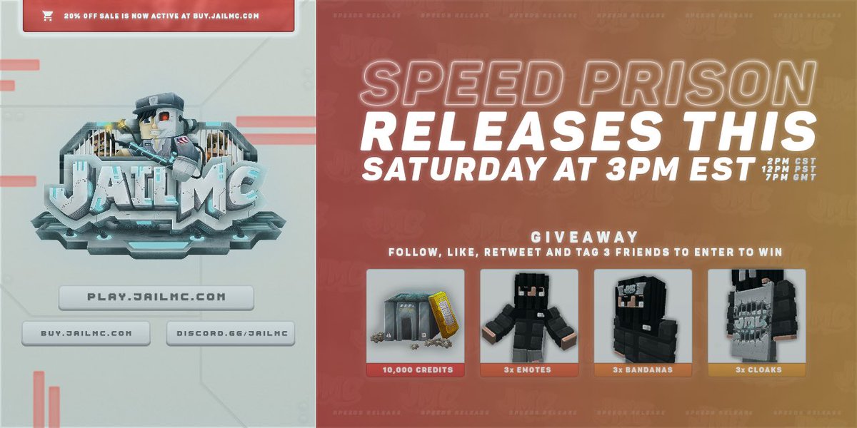 Speed Prison Season III release will take place this Saturday at 3PM EST!

GIVEAWAY⤵️
• 3x 10,000 Credits
• 3x Lunar Cloaks
• 3x Lunar Emotes

Simply Retweet, Follow <a href="/JailMCPrison/">JailMC</a>, and comment IGN!

IP: play.jailmc.com
Discord: discord.gg/jailmc