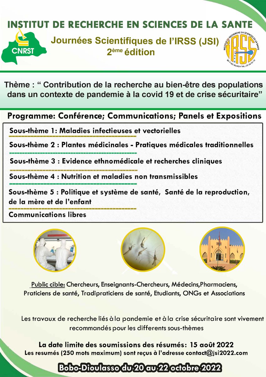 Les journées scientifiques de l'IRSS (<a href="/IrssF/">IRSS Burkina Faso</a> ) se tiendront du 20 au 22 octobre 2022 à Bobo-Dioulasso.