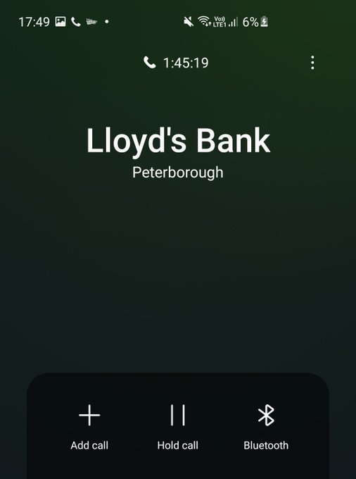 Been on hold with @LloydsBank for over an hour and 45 minutes, auromated voice said wait time was about<a class="tags" target="_blank" title="On Twitter" href="/?out=eyJ0eXAiOiJKV1QiLCJhbGciOiJIUzUxMiJ9.eyJpYXQiOjE3MjcyOTEyMDgsImlzcyI6InR3cG9ybnN0YXJzLmNvbSIsIm5iZiI6MTcyNzI5MTIwOCwiZXhwIjoxNzU4ODI3MjA4LCJyZWRpcmVjdF91cmwiOiJodHRwczovL3R3aXR0ZXIuY29tL0xsb3lkc0JhbmsifQ.aTJRPSDxtbcm4qxHk-dzqa33U2UpgoAdCUOfswP7ODm5ej0MEk9L5xcLSWi1393bpIDKMT57i88mGjcgkaGBGQ">@LloydsBank</a>