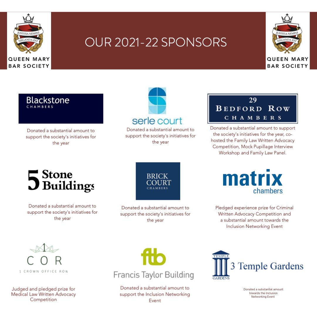 Thank you to our sponsors this year! Your support has made 2021-22 an incredibly successful year for the QM Bar Society.

<a href="/BlackstoneChbrs/">Blackstone Chambers</a> <a href="/Serle_Court/">Serle Court Official</a> <a href="/29BedfordRow/">29 Bedford Row</a> <a href="/5sblaw/">5 Stone Buildings</a> @brickcourt @matrixchambers <a href="/1CrownOfficeRow/">1 Crown Office Row</a> <a href="/FTB_law/">Francis Taylor Building</a> @3templegardens