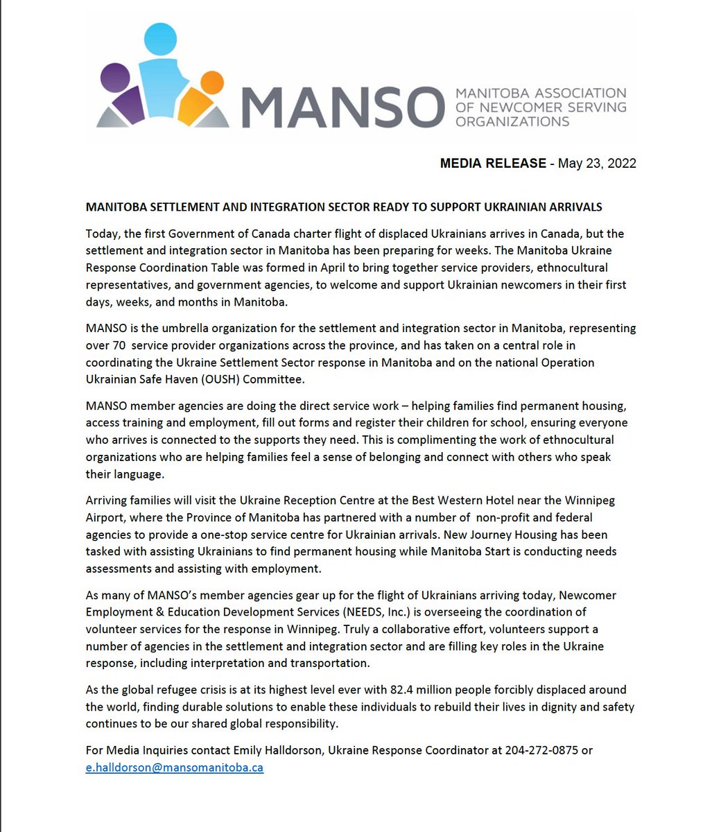 mansomanitoba's tweet photo. Please see the attached #pressrelease regarding the Ukrainian arrivals and the settlement and integration sector's role in welcoming and supporting the newcomers in our province.

#Ukraine #settlement #integration #manitoba #MANSOmember https://t.co/ylswqrnVar