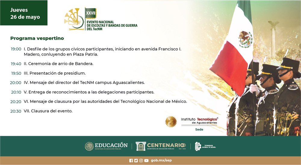TecNM_MX's tweet photo. #TecNMCívico 
No te pierdas las transmisiones del XXVII Evento Nacional de Escoltas y Bandas de Guerra del Tecnológico Nacional de México, este jueves 26 de mayo. https://t.co/Au6ZFZvIsy