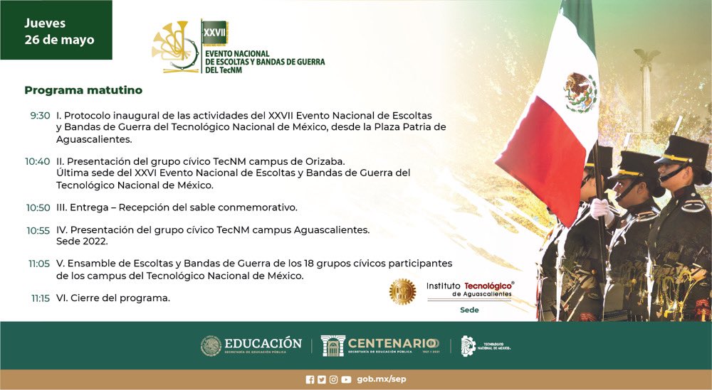 TecNM_MX's tweet photo. #TecNMCívico 
No te pierdas las transmisiones del XXVII Evento Nacional de Escoltas y Bandas de Guerra del Tecnológico Nacional de México, este jueves 26 de mayo. https://t.co/Au6ZFZvIsy