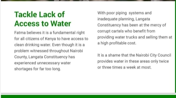 AdamFatma's tweet photo. My number one agenda in my manifesto is to tackle lack of access to water in Langata Constituency as your next Member of Parliament. #YesToDevelopment #FatmaLangataMP2022 #AcessToWater #Elections2022 #Langata https://t.co/9lPdCFX9YE