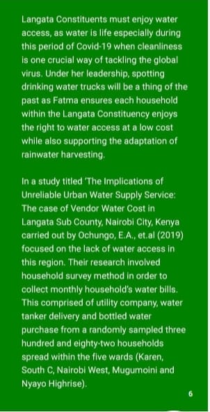 AdamFatma's tweet photo. My number one agenda in my manifesto is to tackle lack of access to water in Langata Constituency as your next Member of Parliament. #YesToDevelopment #FatmaLangataMP2022 #AcessToWater #Elections2022 #Langata https://t.co/9lPdCFX9YE