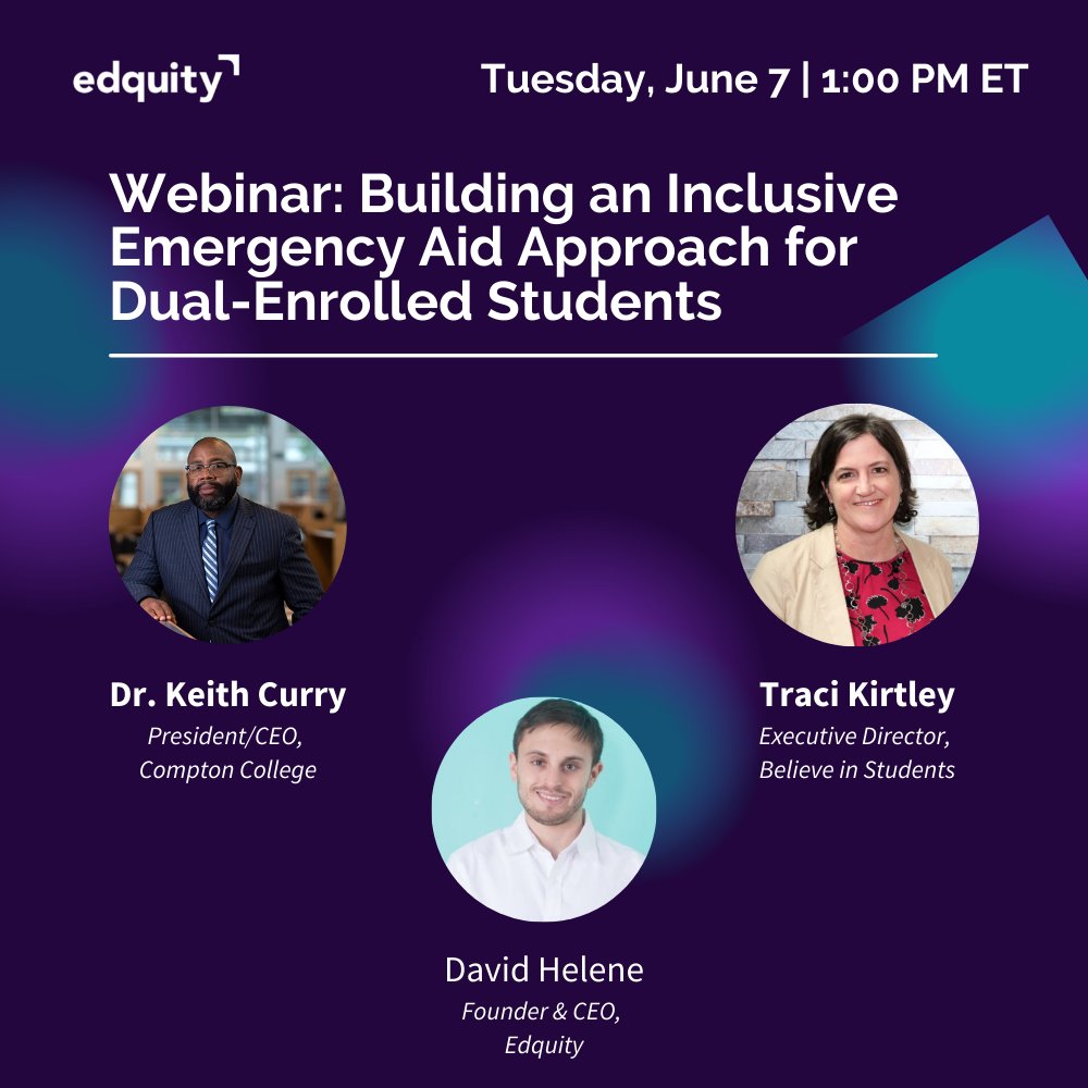 poweredbybeam's tweet photo. Join us June 7th as Edquity Founder &amp; CEO @David_Helene, @ComptonCollege President @Iamkeithcurry, &amp; @BelieveStudents ED @TraciKirtley discuss the impact of emergency grants for Compton College's #dualenrolled students.

https://t.co/lWbNg6KrNO https://t.co/aYVEcJIYwT