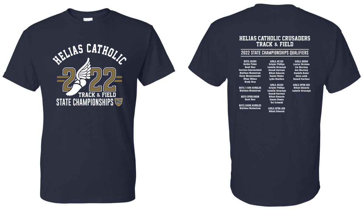 State Track T-Shirts are on sale now. Orders must be placed by 3 pm today (May 24) so that shirts are available by State Track on Friday. Follow the link stores.inksoft.com/helias_catholi…