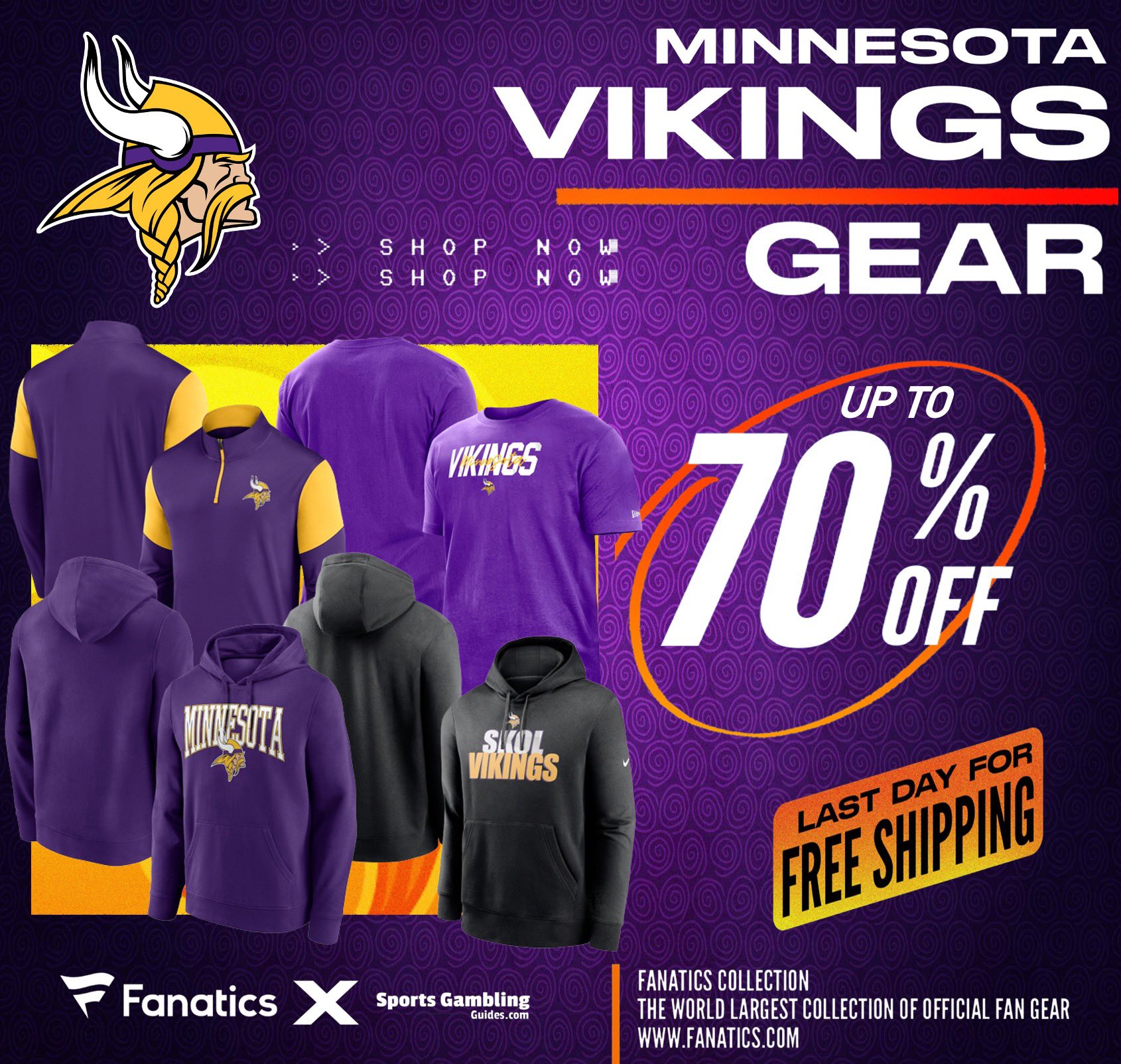 SGG Promos on X NFL SUPER SALE Fanatics 70 OFF AND FREE SHIPPING TODAY ONLY Vikings fans gear up for the 2022 NFL Season thanks to Fanatics and get up to