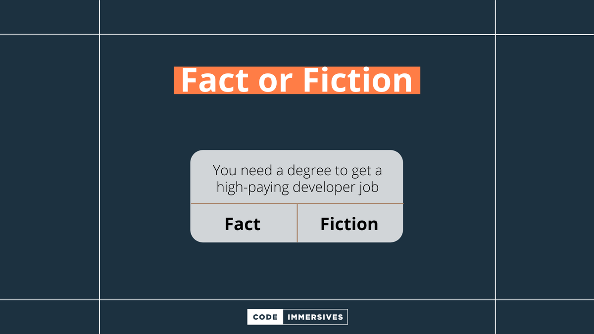 CodeImmersives's tweet photo. Fiction! 
To obtain a high-paying developer job, you don't need a degree.

#CodeImmersives #CodingSchool #TechCareer #Programming #Computers #Developer  #CodingLife https://t.co/fiFyG4bAox