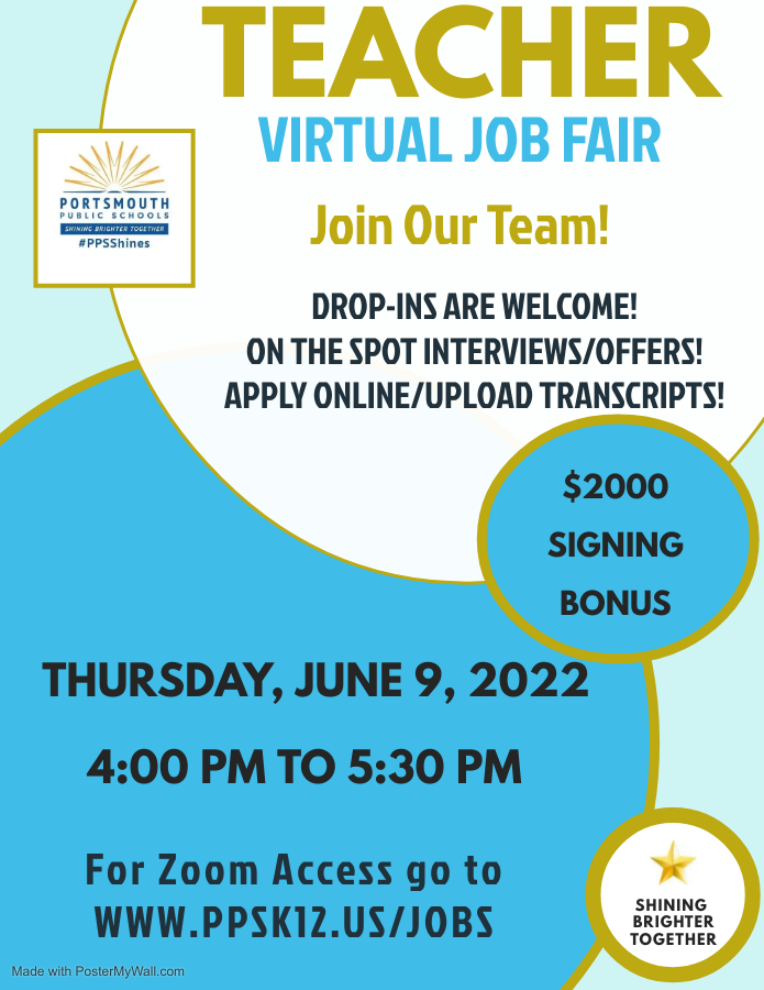 Did you know that Portsmouth Public Schools is one of the largest employers in Portsmouth? PLEASE JOIN US FOR OUR JUNE 9TH VIRTUAL TEACHER JOB FAIR. Please GO TO OUR WEBSITE FOR MORE INFORMATION ppsk12.us.