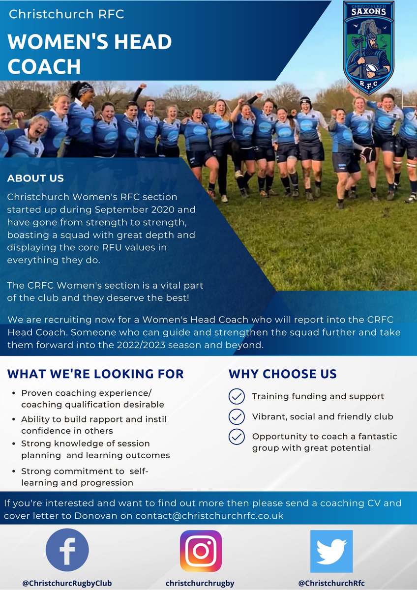 ChristchurchRfc's tweet photo. We're recruiting!

We have a fantastic squad who deserve a fantastic Head Coach. Interested? Get in touch!

#Rugby #headcoach #rfu https://t.co/ddWleJ2QUV