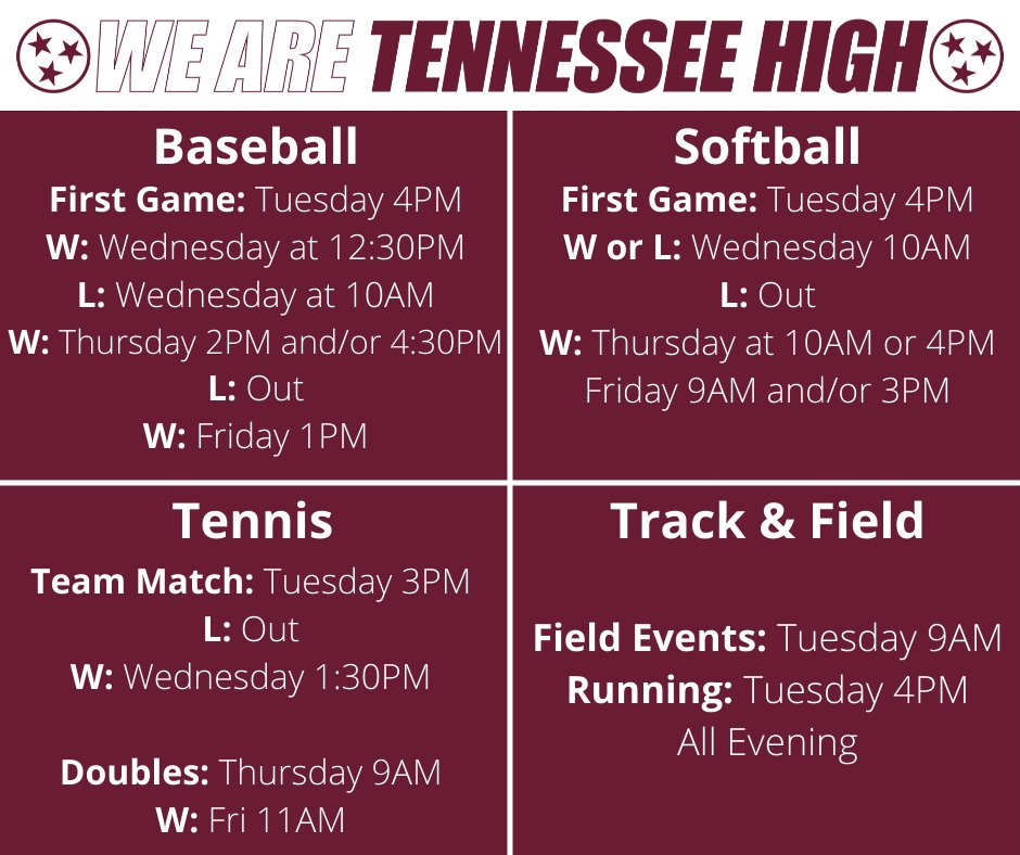 THSGameDay's tweet photo. @BTCS_THS athletes are in Murfreesburo competing for state titles this week! Check out the master schedule for each of our qualifying spring sports. https://t.co/IfR6Di6EV5