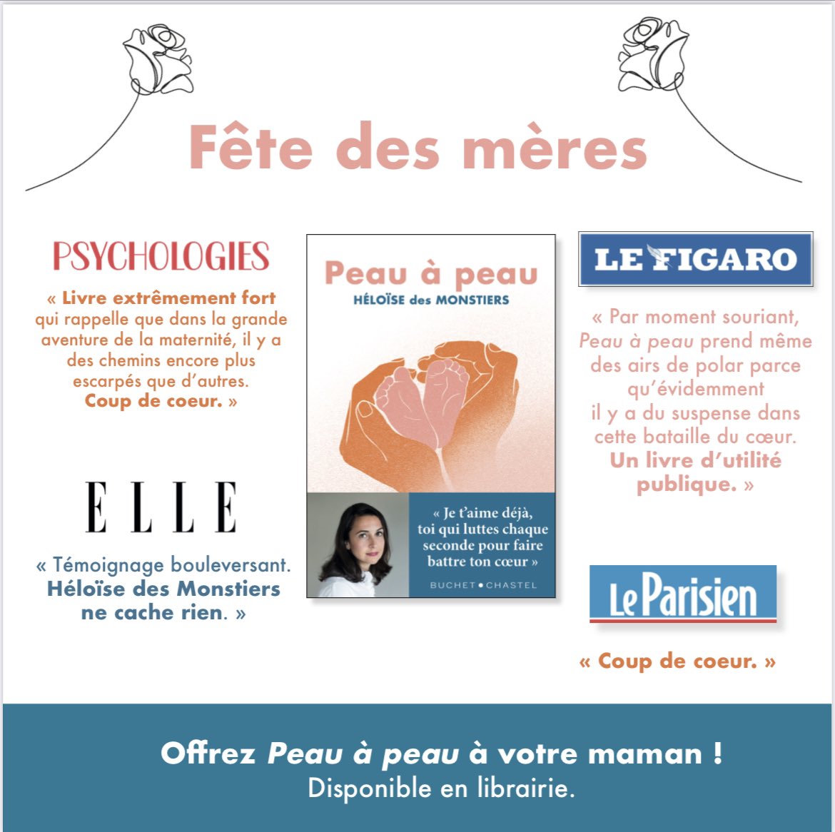 #fetedesmeres J-5 🌹Manque d’inspiration? Panne d’idées ? Et pourquoi pas un livre 😉.

« Peau à peau » est disponible en librairie. Ou en ligne: lnkd.in/eZ46cpfH 

@buchetchastel