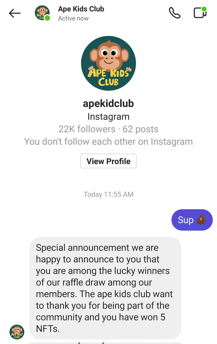 xandernayma's tweet photo. @ApeKidsClub is this yall or did yall get hacked. This account is asking me to send them ETH for "free" NFTs https://t.co/7DKdqvNUy2