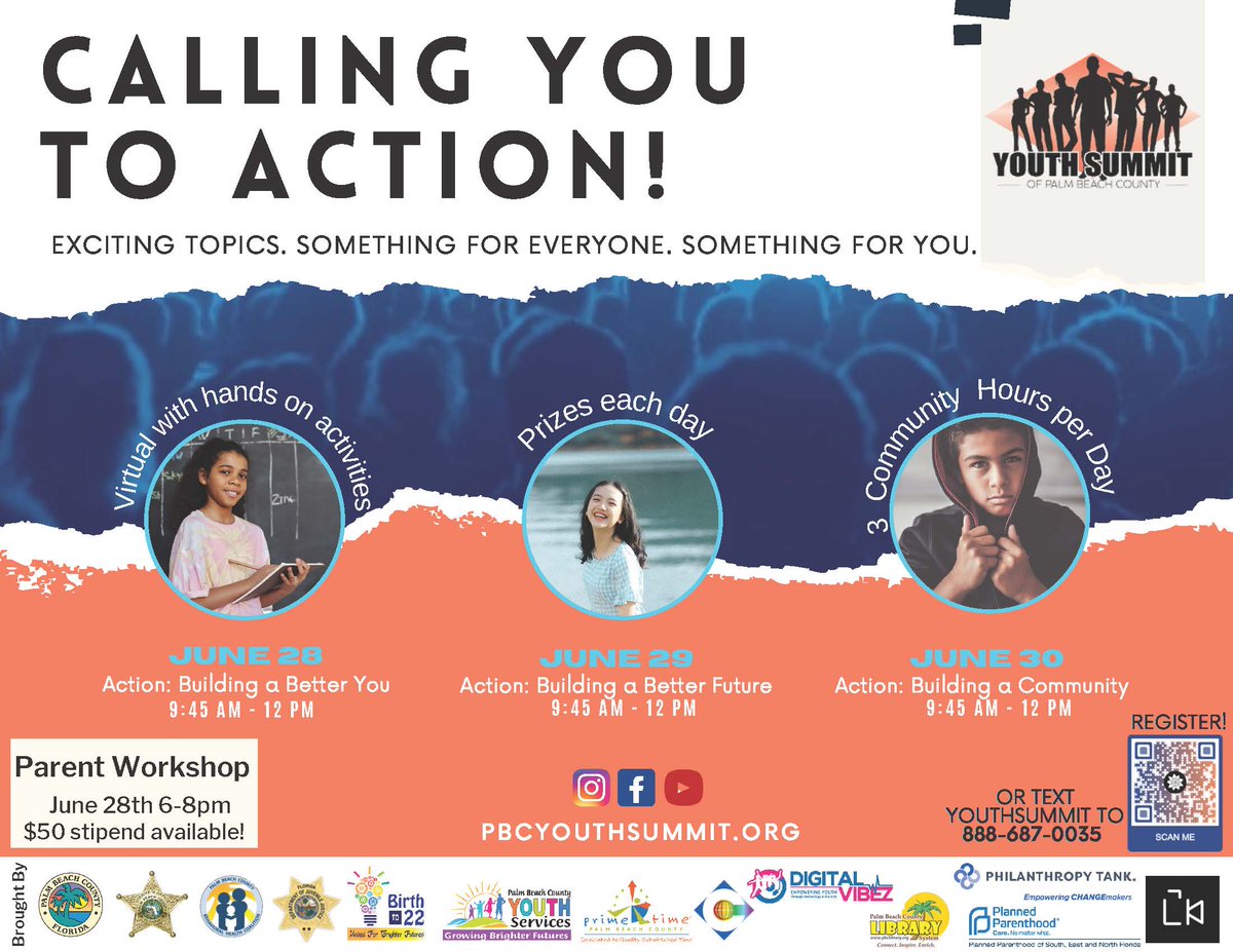 cscpbc's tweet image. Calling all middle and high school students! Register today for the Palm Beach County Youth Summit 2022 on June 28 - 30. There will be hands-on activities, exciting topics for discussion, and prizes! Register here: pbcgov.com/pbcyouthsummit/ #cscpbc