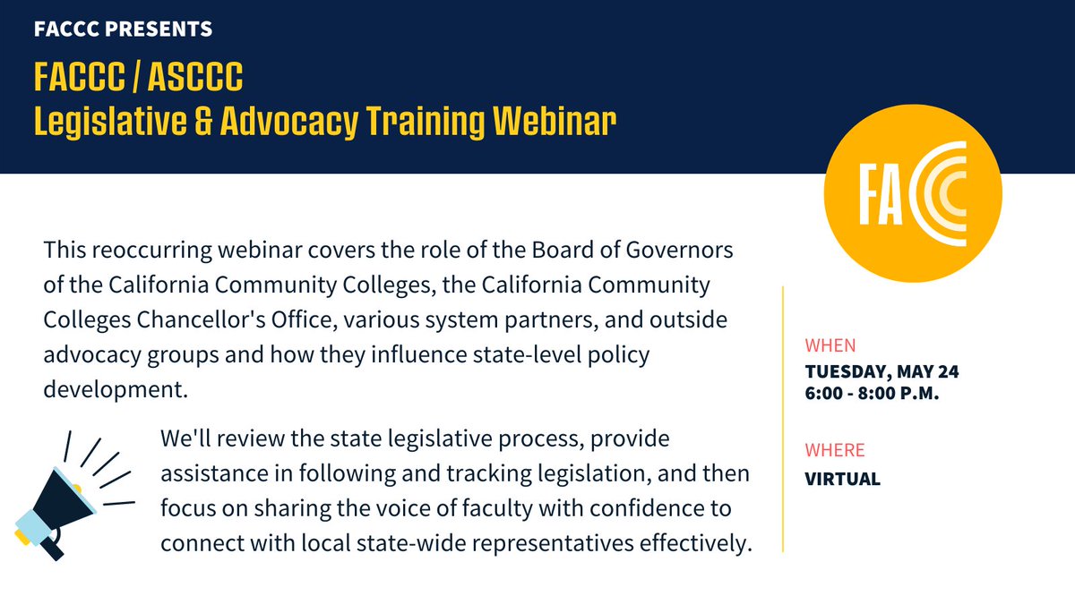 FACCC's tweet photo. Have you attended one of our Legislative & Advocacy Training webinars? Join FACCC and the @ASCCCNews this evening at 6 PM as we discuss different ways for you to advocate on behalf of faculty and students at the state level. #GetInvoved
Register here ---> https://t.co/u1jimKnCHV https://t.co/G1tbsKZwci