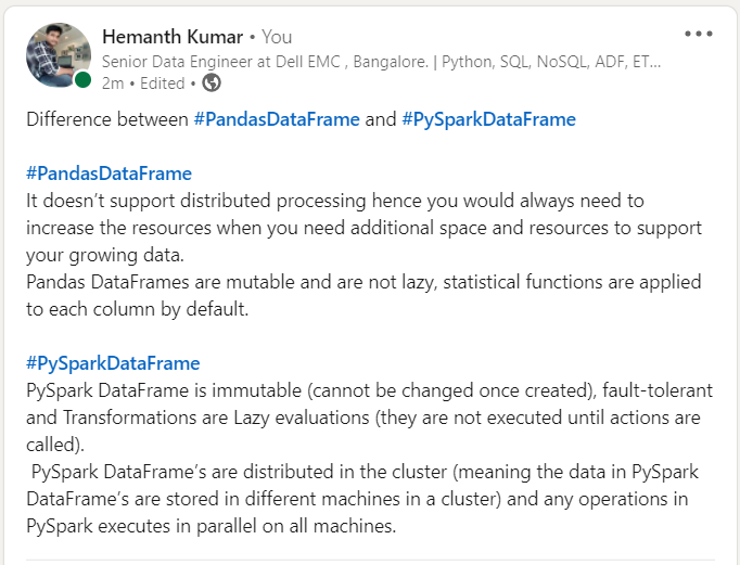 digitalhemanth's tweet image. Difference between #PandasDataFrame and #PySparkDataFrame
