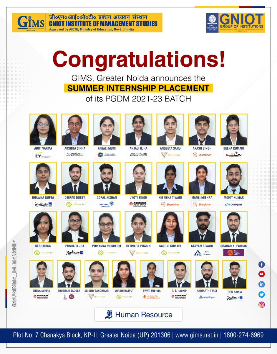 swadesh8163's tweet photo. #GIMS, Greater Noida proudly announces the selection of its PGDM 2021- 23 Batch students for Summer Interships with some of the leading names in the industry.
Presenting before all the details of the #Human Resource specialization students.#E&Y # #Sharekhan #RadisonBlu https://t.co/WjHpf2v9IV