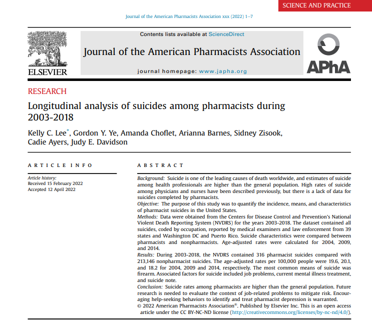 IN PRESS: Suicide rates among pharmacists higher than the general population. #TwitteRx #pharmacists japha.org/article/S1544-…