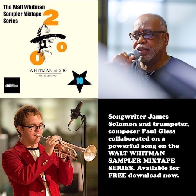 PHLJazzProject's tweet photo. #WaltWhitman Sampler Mixtape Series: A program of @whitat200 - celebrating poet Walt Whitman, presents songwriter #JamesSolomon, trumpeter @PaulGiess &amp; more.

Get it as a FREE DOWNLOAD HERE: https://t.co/ROfXYgACC1

#PhillyJazz #WhitmanAt200 #SingPhillySing #Poetry https://t.co/z17baIJ7O9