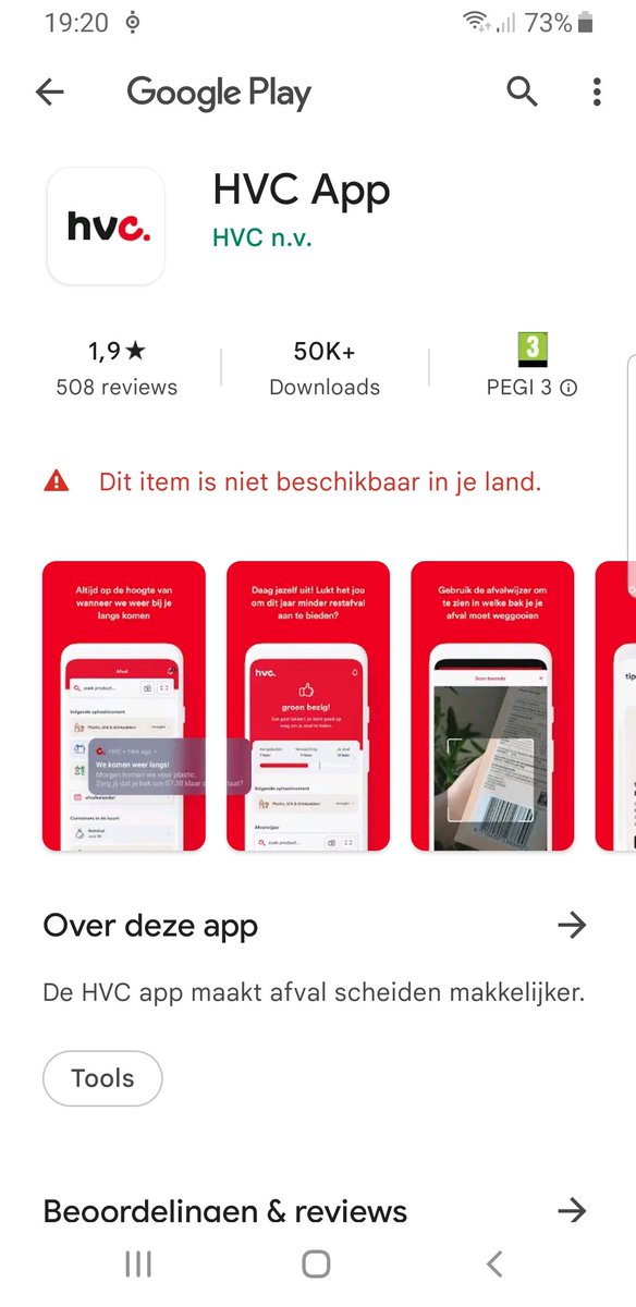 Knarfetico's tweet photo. @hvcgroep leuk zo'n krantje verspreiden met het advies om de hvc-app te downloaden. Hij is alleen niet beschikbaar in NL, volgens de playstore. Zie screenshot. https://t.co/M2EHPdenQu