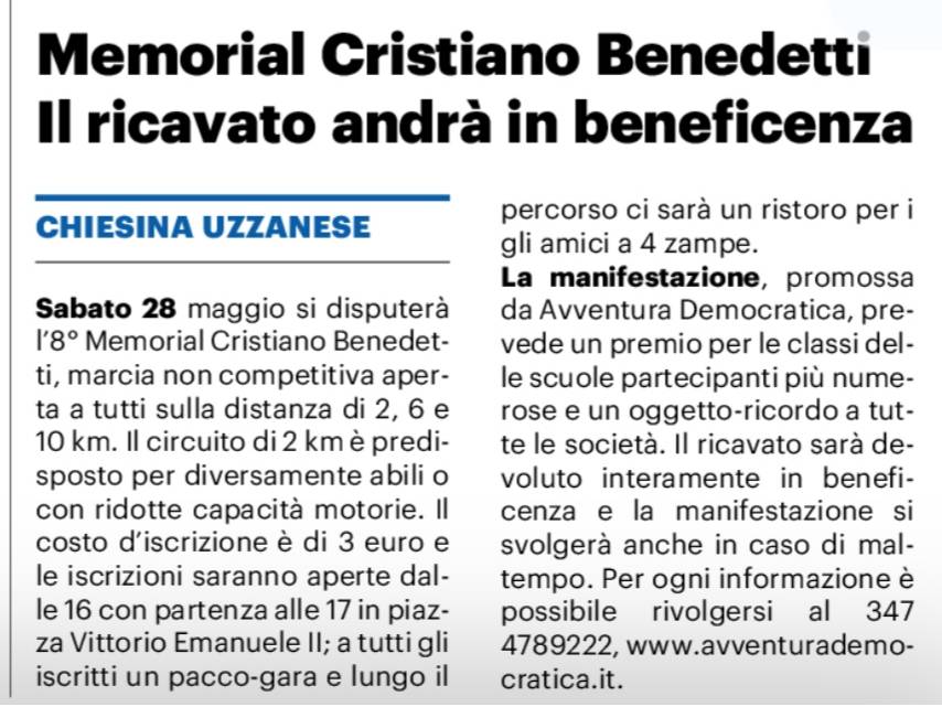 Grazie a La Nazione per l'attenzione dedicata al Memorial Cristiano Benedetti.
#Chiesina #uzzanese #podismo