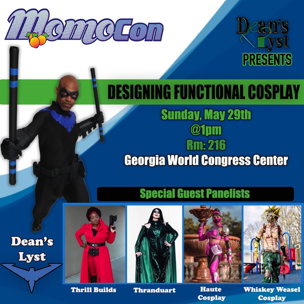 Join me at MomoCon for the “DESIGNING FUNCTIONAL COSPLAY” panel. #cosplays #costume #cosplay #commission #cosplaycommission #panel #gwcc  #cosplayyourway #cosplayer #designer #seamster #seamstress #georgiaworldcongresscenter #creating #sewing #momocon #momocon2022 #costumer