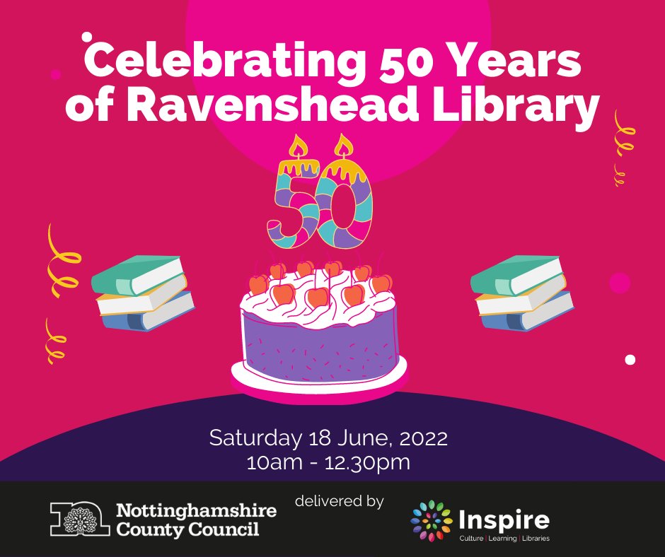 NottsLibraries's tweet photo. You're invited to celebrate Ravenshead Library's 50th Birthday on 18 June, 10am - 12.30pm 🎉 🎂

We will be holding a programme of free and fun activities throughout the day, and celebrating with refreshments and cake. 

Just drop-in. Find out more: https://t.co/6Fltf1Nr8Y https://t.co/PhiXQ6Ctu0