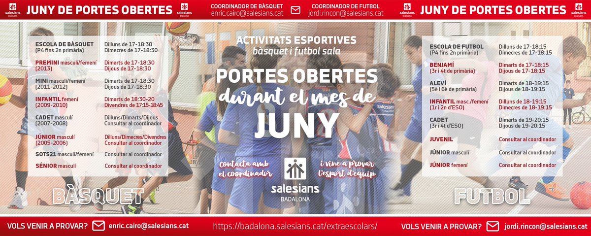 salesiansBDNext's tweet photo. PORTES OBERTES AL JUNY! 🙌🏼

🗣 Les activitats esportives oferiran la possibilitat d'entrenar durant el mes de juny

📩 Contacteu amb el coordinador per venir a provar!

🏀 enric.cairo@salesians.cat
⚽️ jordi.rincon@salesians.cat

ANIMEU-VOS, segur que us ho passareu genial! 🤍❤️💙 https://t.co/POtssDkGCG