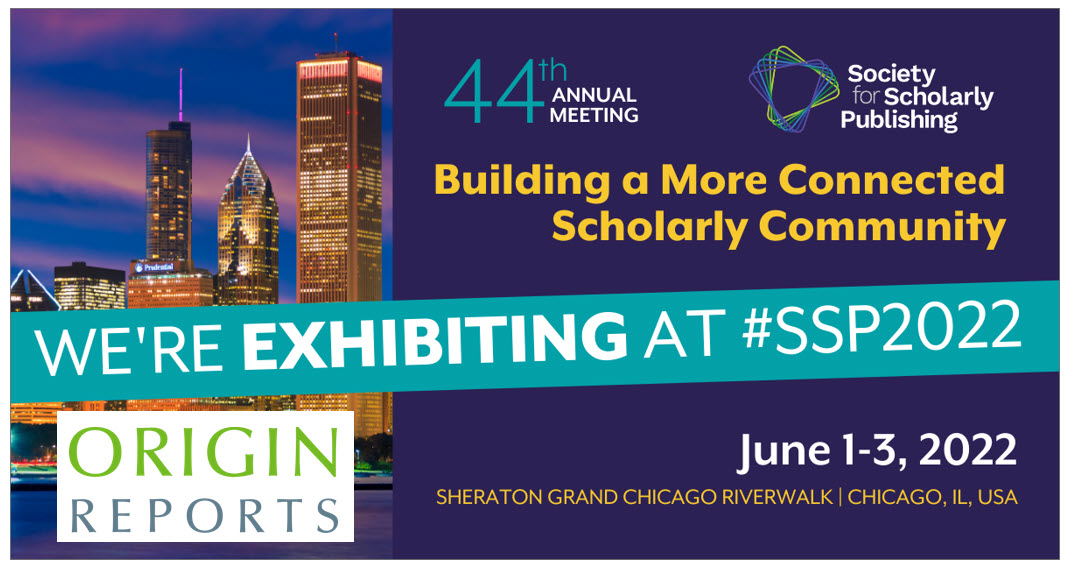OriginReports's tweet photo. Origin Reports will be at the Society for Scholarly Publishing's 44th Annual Meeting in Chicago!  We hope you will stop by Booth 615 to try out our demo!  We would love to learn about your editorial reporting needs. https://t.co/EwGPWhTgyz