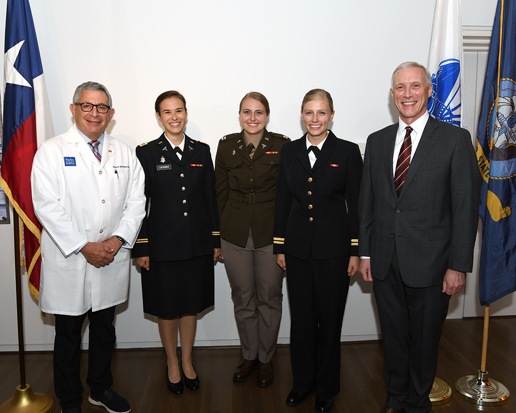 Military Commissioning is a special part of Commencement Day. Today, three medical students took part - Elizabeth LaFrance (Army), Summer Walton (Army) and Kylie Wilson (Navy). Dr. Mark Kobelja, chief of staff at the DeBakey VA, assisted at the event. So proud of their service!