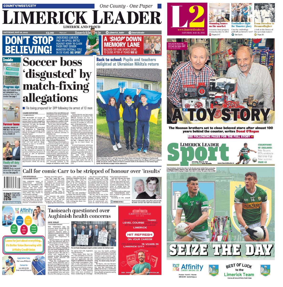 Limerick_Leader's tweet photo. It's Wednesday which means this week's Limerick Leader newspaper📰 is on sale now for just €3 - in shops across the city and county and online at https://t.co/C5sc7CF4OI | #OneCountyOnePaper #buyapaper https://t.co/Q3S7hUUw7V