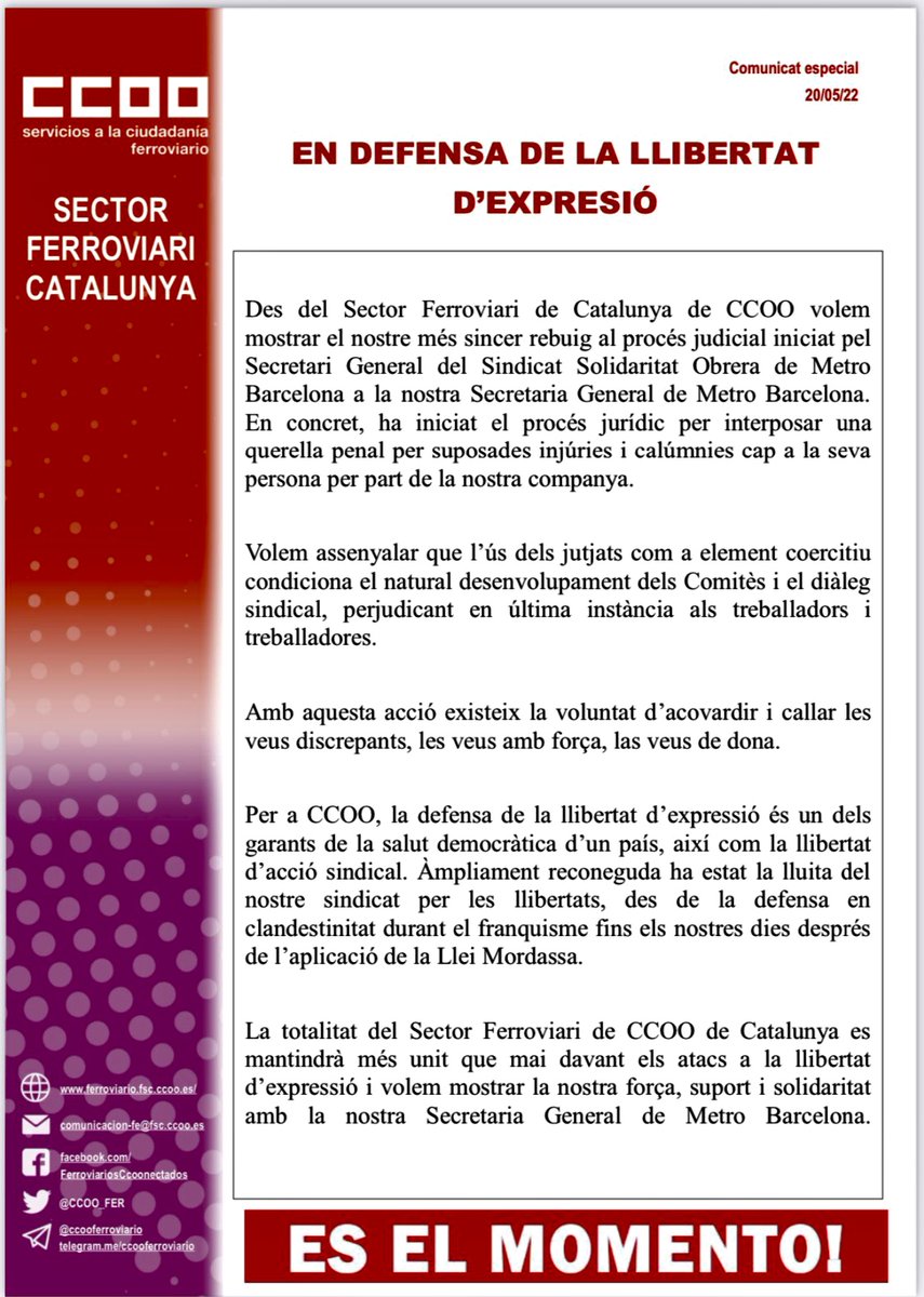 CCOO Óptica Universitaria (@opticauniccoo) on Twitter photo Des de la secció sindical volem donar tot el nostre suport a la secretaria general de <a href="/CCOOMetroBCN/">CCOO Metro de Barcelona</a>
#LlibertatAccióSindical #LlibertatDExpressió #MetroBarcelona
<a href="/FerroviarisCCOO/">CCOO Ferroviàries</a>
<a href="/ccoocatalunya/">CCOO de Catalunya</a>
<a href="/CCOO_FER/">CCOO FERROVIARIO</a> Des de la secció sindical volem donar tot el nostre suport a la secretaria general de <a href="/CCOOMetroBCN/">CCOO Metro de Barcelona</a>
#LlibertatAccióSindical #LlibertatDExpressió #MetroBarcelona
<a href="/FerroviarisCCOO/">CCOO Ferroviàries</a>
<a href="/ccoocatalunya/">CCOO de Catalunya</a>
<a href="/CCOO_FER/">CCOO FERROVIARIO</a>