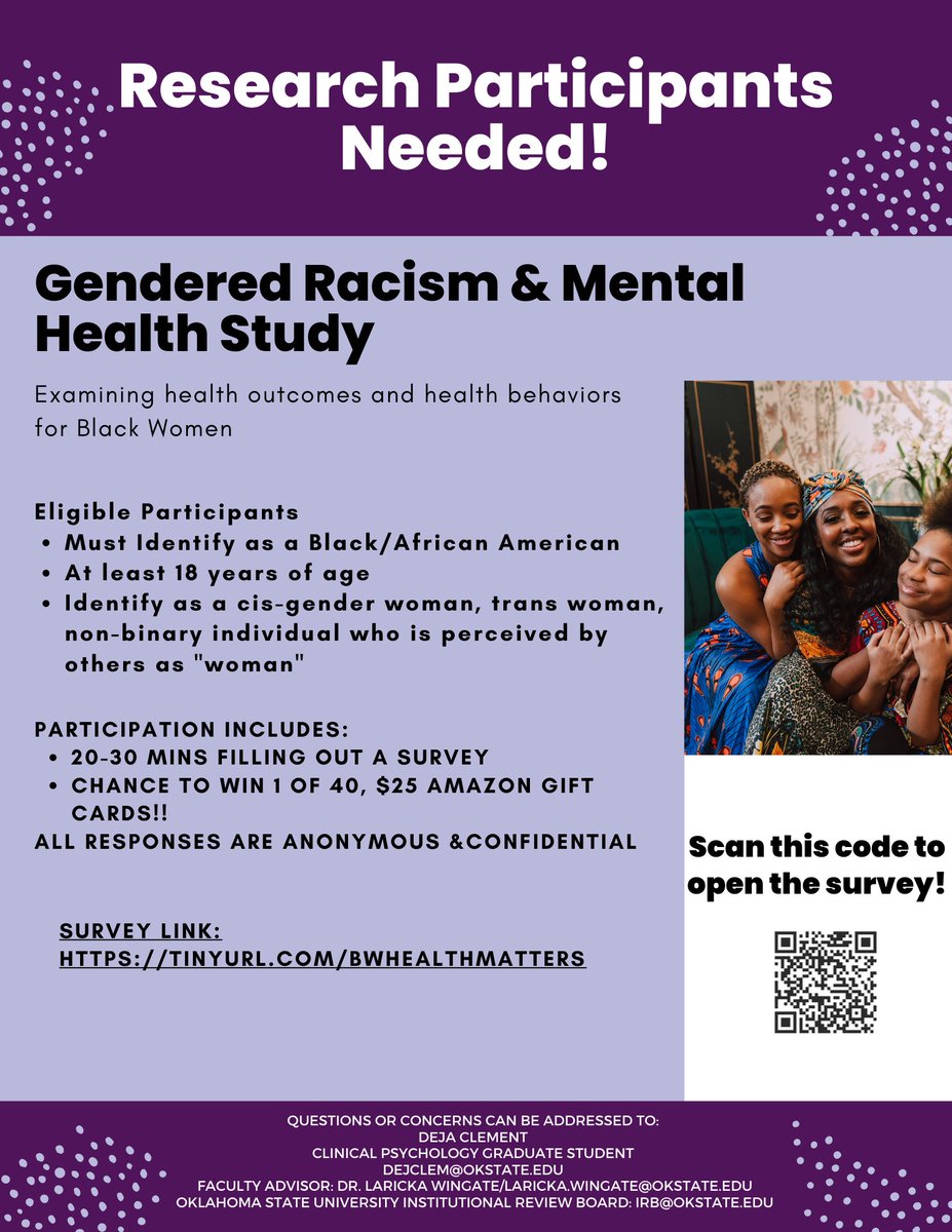 Déjà Clement, MPH, Ph.D. (@clementdeja) on Twitter photo I am recruiting Black women to be a part of my dissertation research! If you are interested (or know someone who would be), please share or follow the link below. The study takes approx. 20-30 mins. #BlackinPsych <a href="/BlackInMH/">Black In Mental Health</a> <a href="/BlackinPsych/">Black in Psych</a>
Study link: tinyurl.com/BWHealthMatters I am recruiting Black women to be a part of my dissertation research! If you are interested (or know someone who would be), please share or follow the link below. The study takes approx. 20-30 mins. #BlackinPsych <a href="/BlackInMH/">Black In Mental Health</a> <a href="/BlackinPsych/">Black in Psych</a>
Study link: tinyurl.com/BWHealthMatters