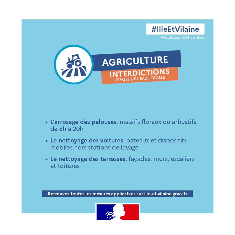 bretagnegouv's tweet photo. #Sécheresse | À partir d'aujourd'hui, le département d'#IlleEtVilaine est placé en état d'alerte sécheresse.

⚠️ Des mesures de restriction d’usage de l’eau potable s’imposent à tous

Informez-vous sur toutes les mesures applicables en Ille-et-Vilaine ⬇️