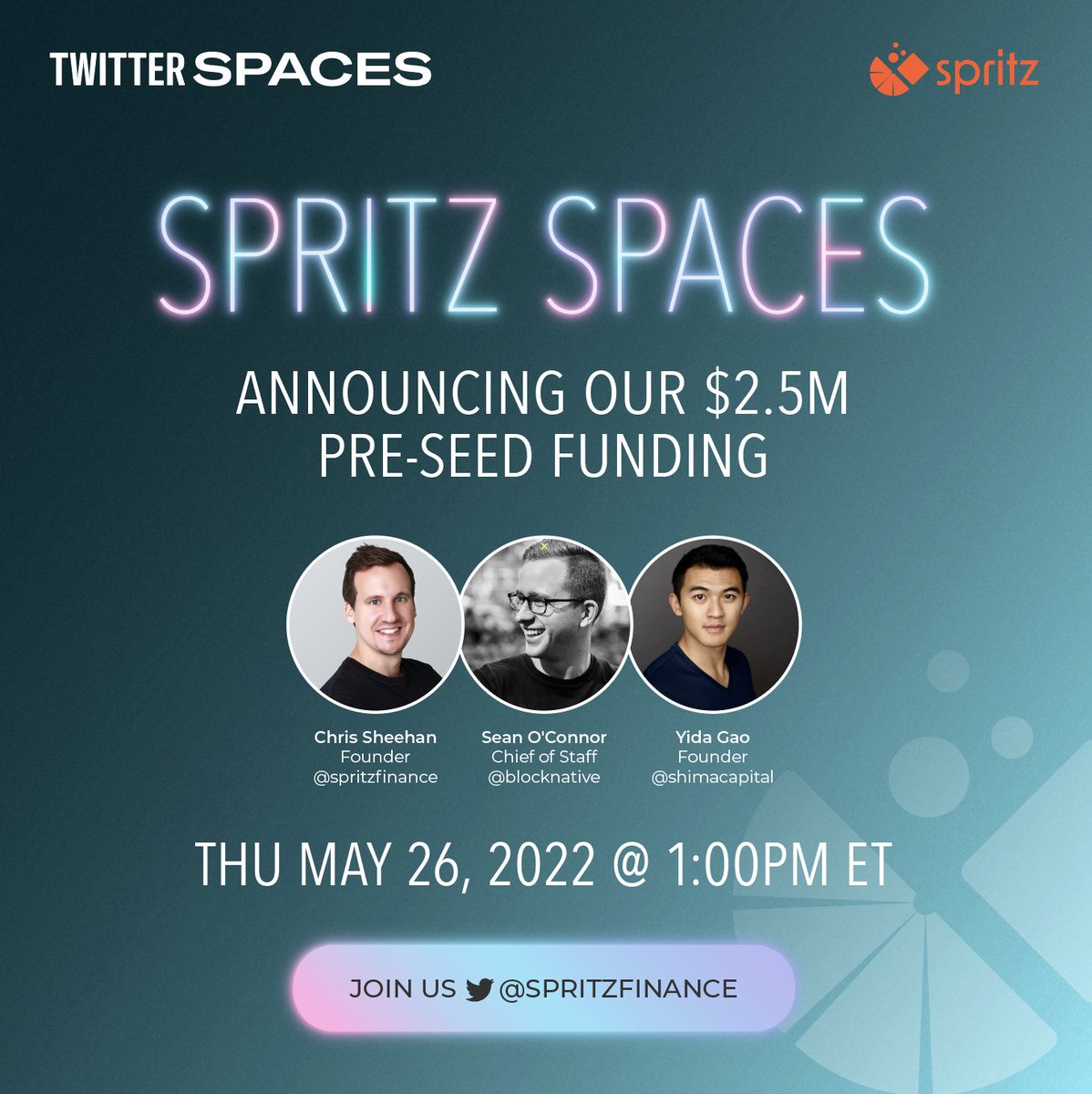 Join us this Thursday at 1pm EST for our first Spritz Spaces 🍹 hosted by  <a href="/ct_sheehan/">Chris Sheehan</a>. 

We'll discuss "Bill Pay on the Blockchain: Investing in the Future of #Web3 Finance", and look forward to insights from <a href="/aseoconnor/">sean o’connor | gas network ⛽</a> and <a href="/yidagao/">Yida Gao</a>.

🎧 Set a reminder: x.com/i/spaces/1kvJp…