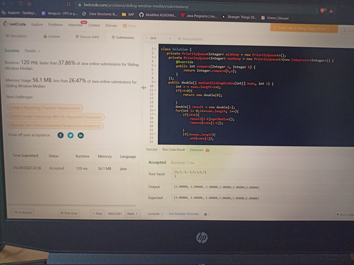 yashltwts's tweet image. Day 81 of 100 of #100DaysOfCode 
#100daysofcodechallenge 
Today learnt more about heapsort,heapify methods,two heaps method,k-way merge and solved some leetcode hard question (hard is nothing if you know how to solve it!!)
#DSAWithKunal #programming #LearnInPublic  #Coding #Java