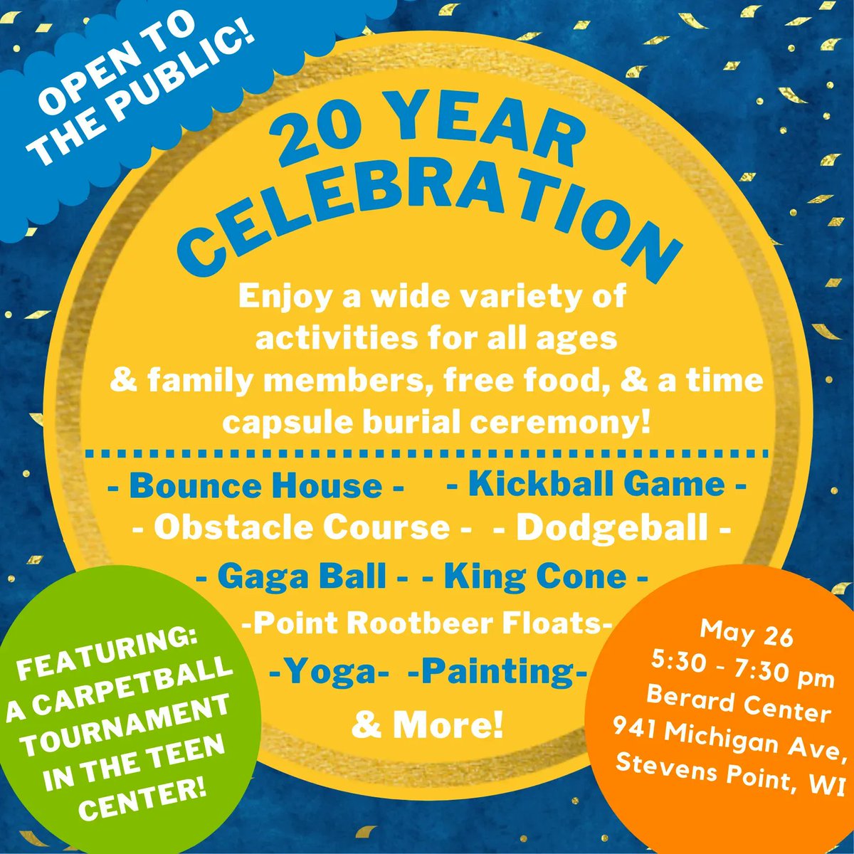 Join us for our 20-year Anniversary Celebration! Featuring a wide variety of activities and fun, free and open to EVERYONE! We'll also be offering a free hotdog &amp; chips dinner, special King Cone flavor, &amp; Point Root Beer Floats! We can't wait to see you there this Thursday!