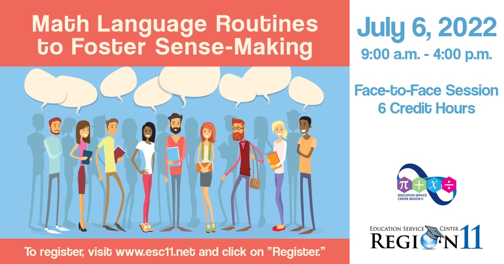r11Math's tweet photo. Want to get your students talking and problem-solving?

Join us on July 6, to discover how to embed opportunities to support sense-making and amplify mathematical language! 

Click the link to reserve your spot! https://t.co/kGpZBfTfMN

#r11math @escregion11 #mathlanguageroutines https://t.co/bFqEbv9bcP
