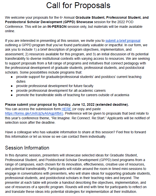 podgppd's tweet image. DEADLINE EXTENDED!  CFP for GPPD Showcase, POD Conference in Seattle! Link here: docs.google.com/forms/d/e/1FAI…  #gppd #podnetwork #pod2022 #eddev #profdev #postdoc