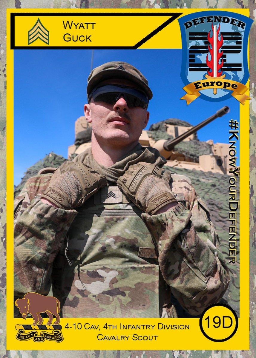 #KnowYourDefender, @USArmy Sgt. Wyatt Guck, a cavalry scout for 4-10 CAV, 3ABCT, @4thInfDiv, is from Perham, MN. His favorite part about being a scout is being a gunner on an M2 Bradley Fighting Vehicle. He enjoys being out with his platoon and getting to know people personally.