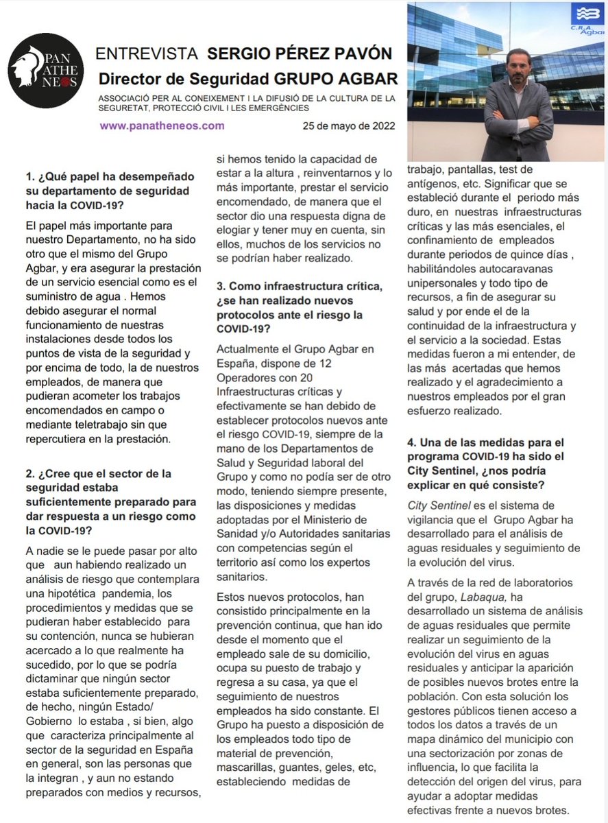 panatheneos's tweet photo. Entrevista a Sergio Pérez Pavón, director de seguridad del grupo @Agbar:

"El Departamento de Seguridad 
Corporativo del Grupo Agbar 
abarca actualmente más de 150 
empresas repartidas por toda la 
geografía"

#gestióndelconocimiento #culturadeseguridad https://t.co/HtFmjvrao3