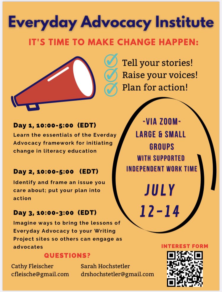 📢 Teacher friends: join us via Zoom 7/12-7/14 in the <a href="/writingproject/">Writing Project</a> Teacher Studio for the Everyday Advocacy Institute Deeper Dive! Scan the QR code to let us know you’re interested or send us an email! Details below. #NWP #EverydayAdvocacy <a href="/CathyFleischer1/">Cathy Fleischer</a>