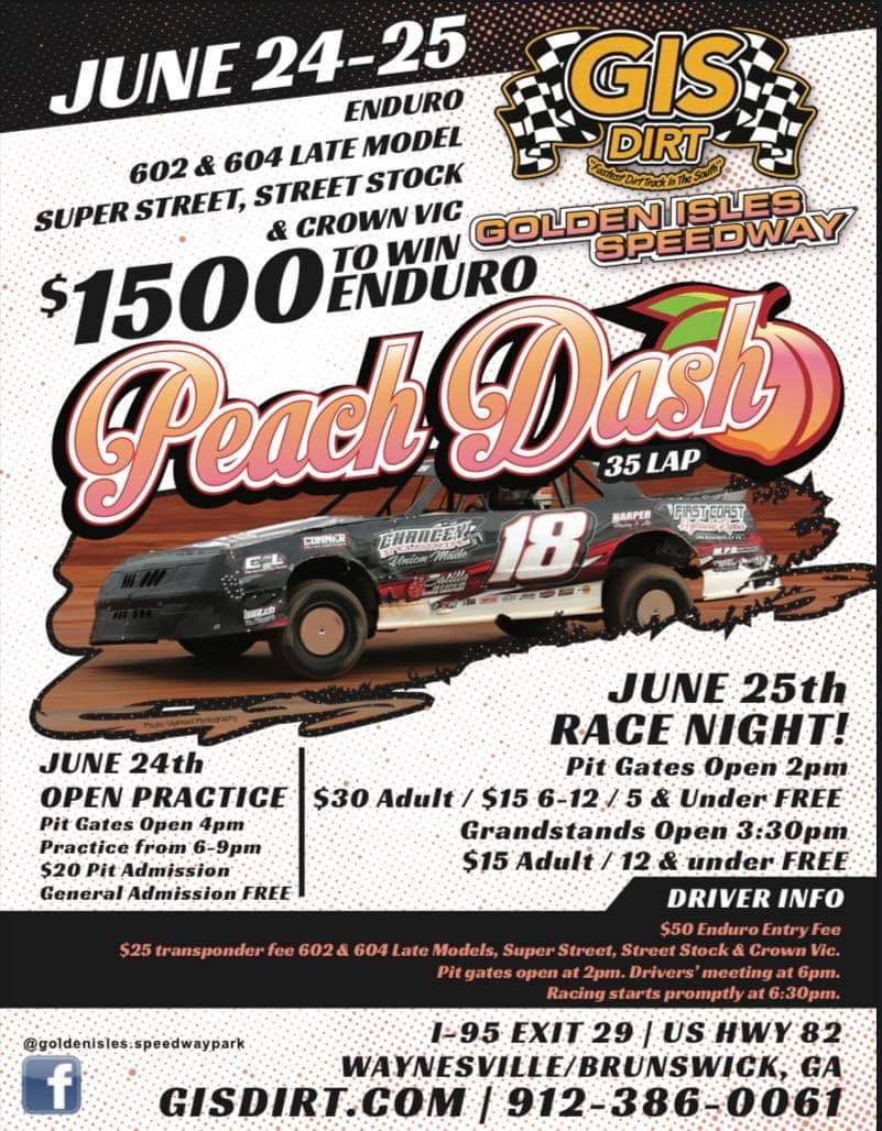 gisdirt's tweet photo. The next scheduled events at GIS are an open practice June 24th and racing June 25th, featuring a $1500 to win, 35 lap Enduro feature , #PeachDash.
Also running will be the 604's, 602's, SuperStreet, Street Stock and Crwn Vics.
https://t.co/ex4NPp3vlJ https://t.co/3WZZas4lCT
