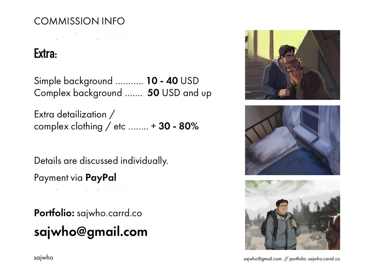📢 COMMISSIONS OPEN

Right now I'm saving up money to move from Russiа &amp; saving up the funds to finish my last uni semester. Currently, commissions are my only means of work 

If you're interested, please DM me or email me at sajwho@gmail.com
More info below