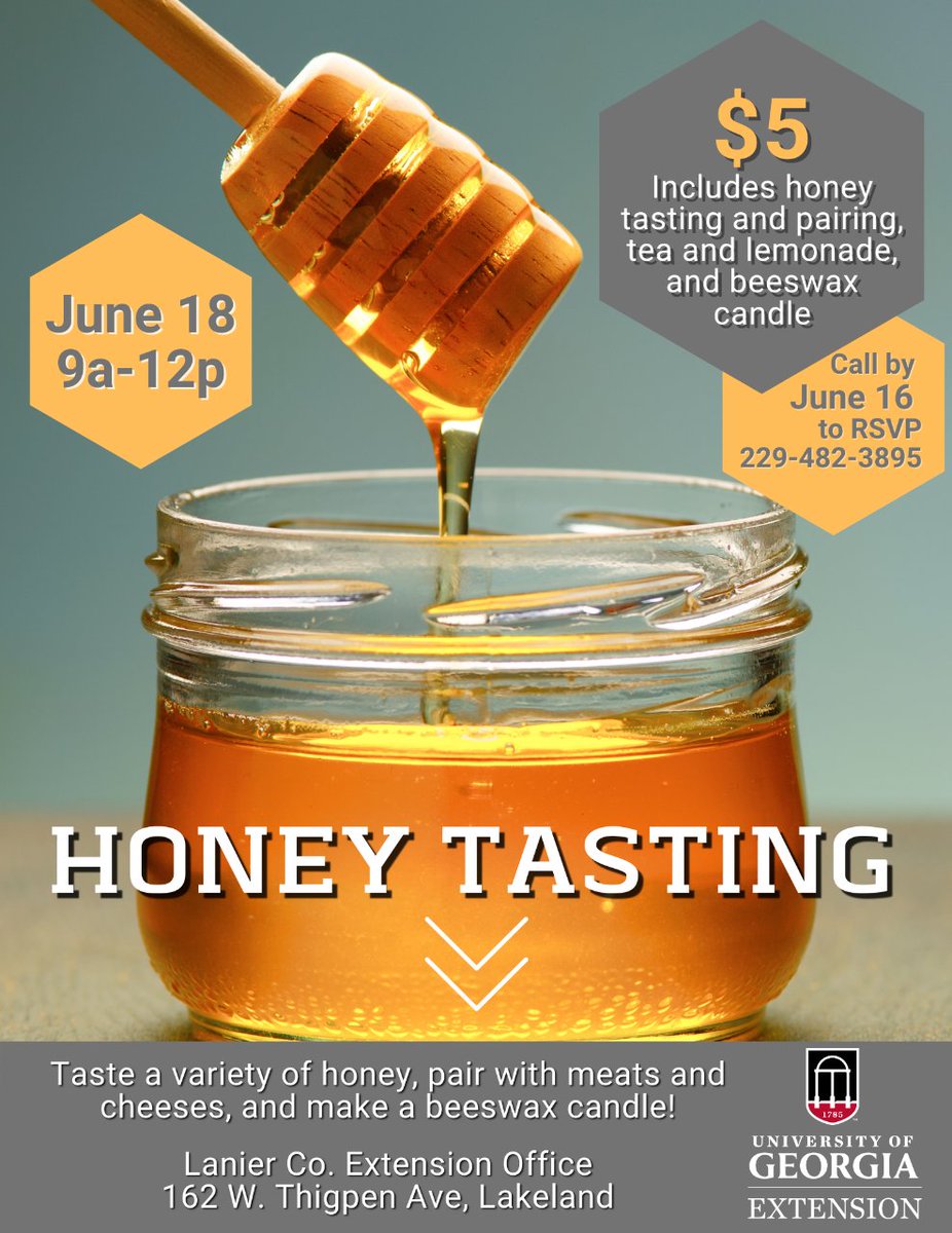 lanierfamcom1's tweet photo. Our friends at Lanier UGA Extension are having a Honey Tasting on June 18th and we don't want you to miss it! Make sure you call today to reserve your spot! Tag your friends! #HoneyTasting #UGAExtension #LanierCounty #HoneyBee #BeeswaxCandle #RuralGeorgia @UGAExtension https://t.co/sLLdpVLzOl